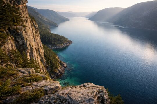 Serene body of water viewed from a towering cliffside vantage point