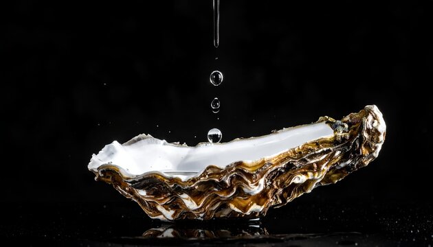Oyster shell receiving water droplets against a dark background