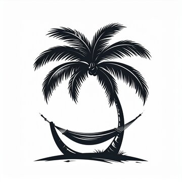 Minimalist palm tree with hammock hanging between trunks line art vector illustration