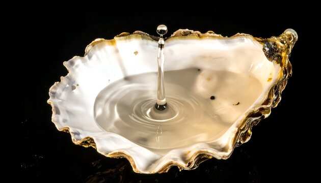 Waterdrop falls into oyster shell, creating ripples on dark background