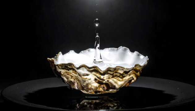 Shell bowl receiving a water droplet, sitting on a reflective surface