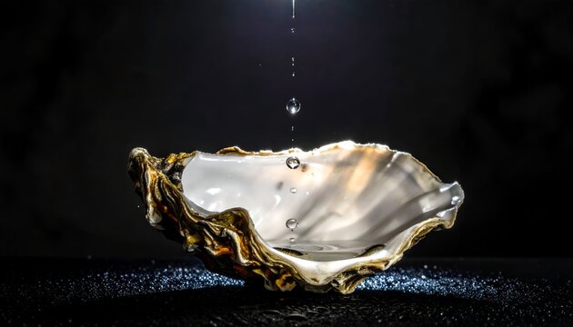 Oyster shell with water droplets in dark, moody lighting