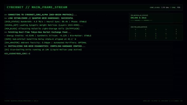 Cybernet Main Frame Stream Monitor Displaying Quantum Grid Handshake Diagnostics and Synaptic Weight Matrices Data Screen.