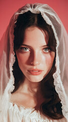 Bride in a white veil on a red background. © F@natka