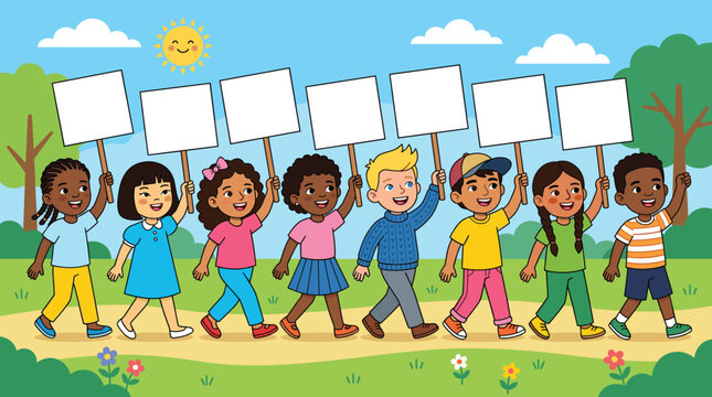Diverse cartoon children marching with blank signs, kids protest vector illustration in a sunny park