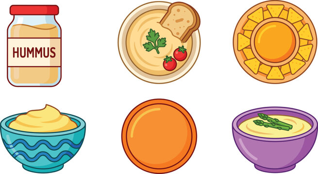 Hummus collection, vector set of cartoon middle eastern dip bowls, jar, pita and nachos