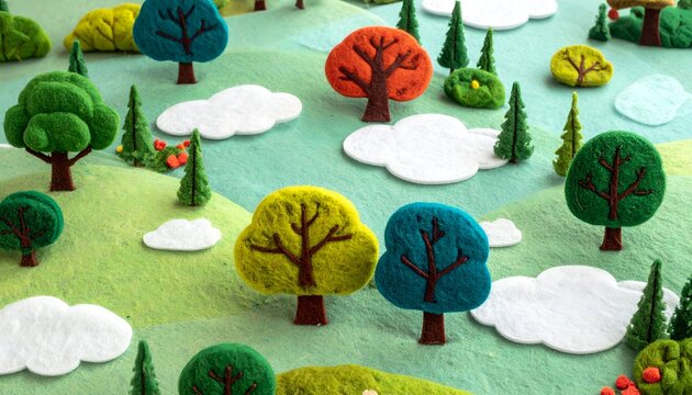 Whimsical felt landscape with colorful trees, rolling hills, and fluffy clouds