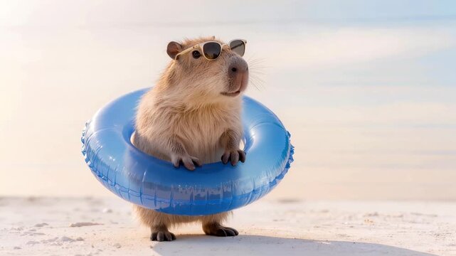 Funny capybara in sunglasses posing with blue inflatable swim ring on sandy beach during sunny summer vacation getaway by the sea.