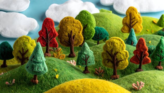 Felt landscape hills, trees, sky, clouds. Artful, colorful, textured
