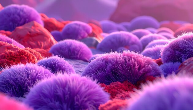 Fuzzy purple & red abstract landscape under soft light, low depth of field