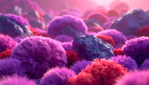 Pink and red furry plant landscape with dark stones, dreamy and surreal