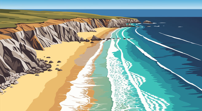 A stunning coastal beach landscape with towering cliffs and crashing ocean waves, a vibrant vector illustration capturing natural beauty