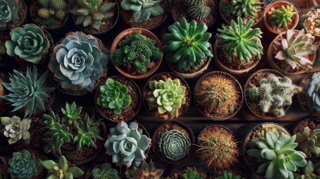 Top view of a lush collection of assorted succulent and cactus plants arranged together, showing diverse shapes, textures, and green tones in a natural botanical garden style composition, minimal aest