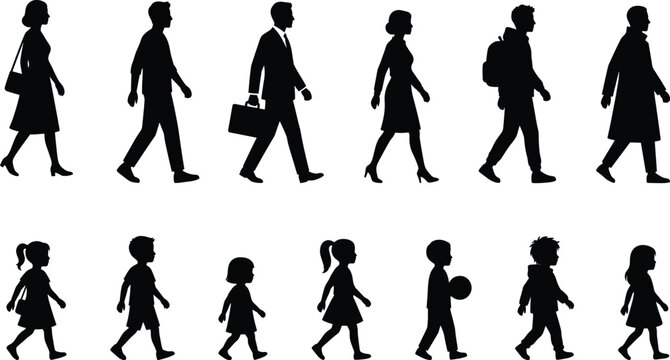People walking silhouette collection, vector set of side view cartoon adults and children going forward