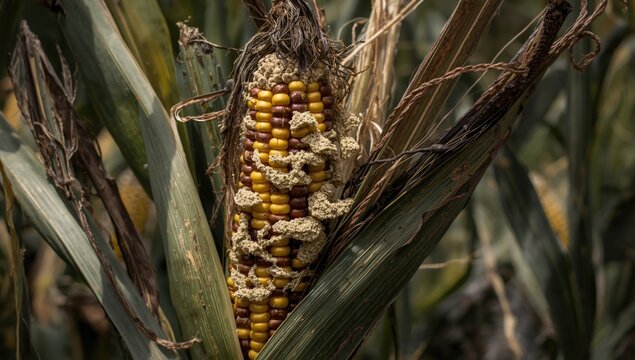 Aflatoxin producing mold on corn ears damaged by insect feeding