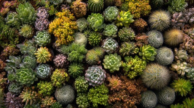 Top view of a lush collection of assorted succulent and cactus plants arranged together, showing diverse shapes, textures, and green tones in a natural botanical garden style composition, minimal aest
