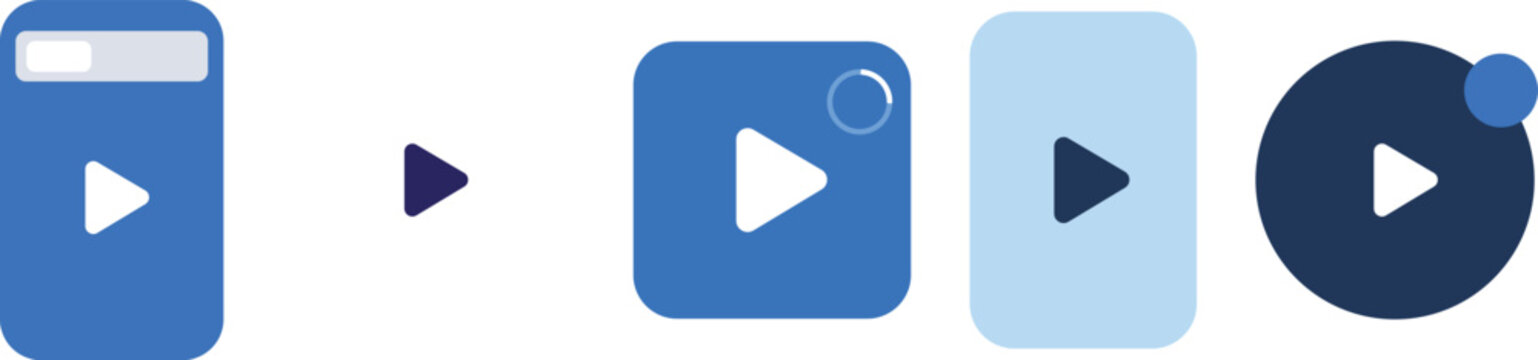 Collection of blue play button icons in various shapes and sizes
