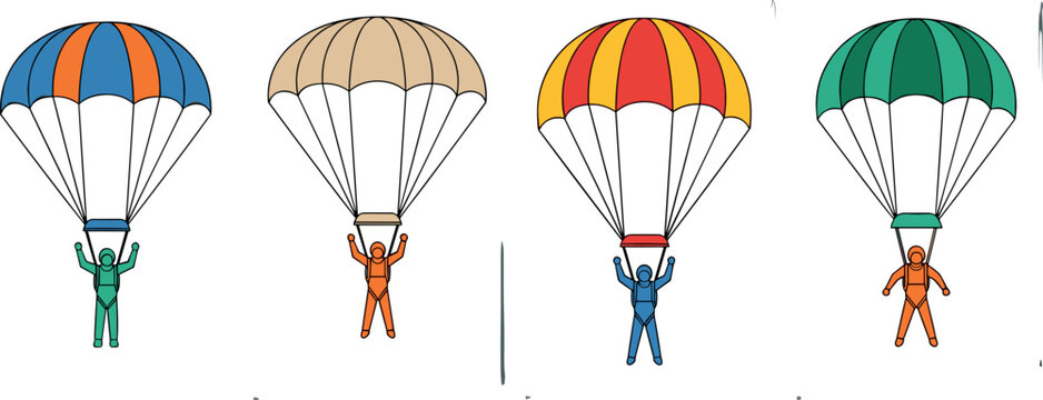 Skydiving Parachute Vector Illustration Set Featuring Diverse Skydivers in Flight for Extreme Sports Adventure Activities Travel and Sky High Graphic Designs