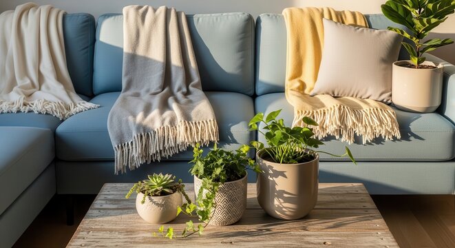 Comfortable upholstered blue sectional sofa with throws and potted plants on a wooden surface.