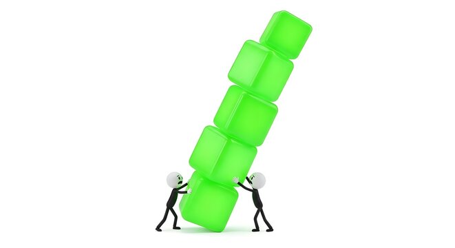 Characters supporting a leaning tower of glowing green cubes