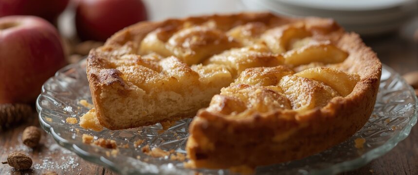Apple Slice Kuchen Dessert on Glass Plate Golden Crust, Rustic Setting