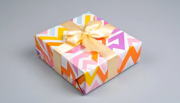 Gift with colorful chevron pattern paper and peach ribbon on a gray surface