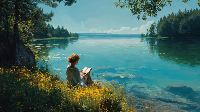 Relaxing nature escape with woman reading beside calm lake and phone turned off nearby