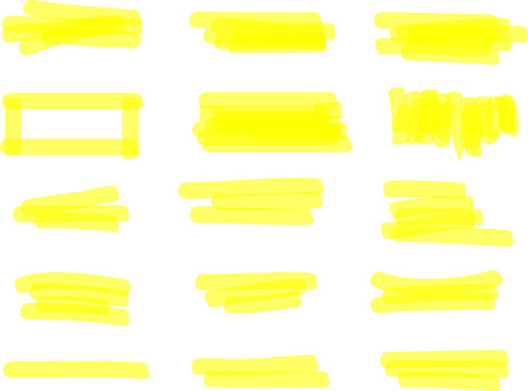 Yellow highlighter marker strokes and text underlines set isolated on a white background. Various hand drawn neon pen brush marks, rectangles, and design elements.