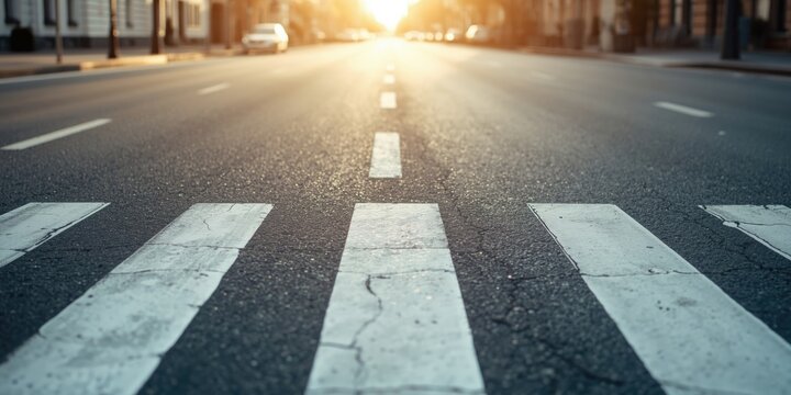 Close angle on zebra crossing stripes on an empty city street