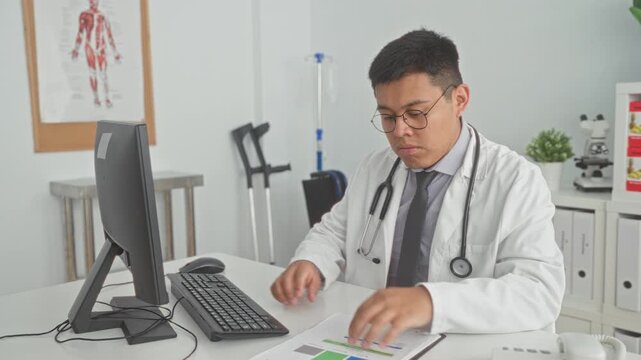 Man doctor typing on computer at clinic building with stethoscope visible, hands on keyboard and paperwork, monitor and microscope nearby; focused care.