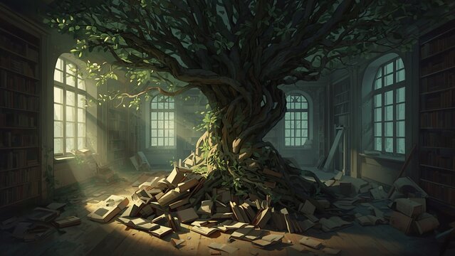 A tree growing through an abandoned library, books morphing into leaves