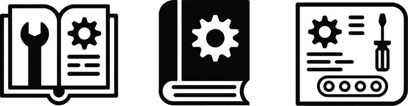 Technical manual icon set, user guide document book instruction pages and help system symbols in clean modern flat vector design.