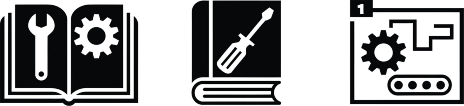 User guide icon set, technical manual document book and instruction page symbols representing help system support and documentation in flat vector style.