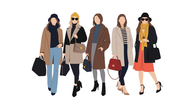Group of stylish women wearing fashionable winter coats, hats, and accessories with shopping bags.