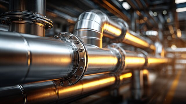 Industrial stainless steel pipes with flanges in a modern factory reflecting warm ambient lighting and showcasing advanced manufacturing infrastructure