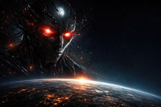 Self improving AI of godlike power observing world through glowing red eyes and copy space area