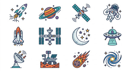 Collection of Space Exploration Icons and Symbols. © Falik