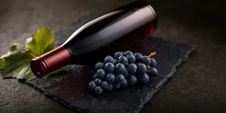 A bottle of red wine and blue grape bunch set on a dark stone slab with leaf accents