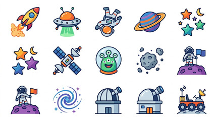 Collection of Space Exploration and Cosmic Objects Icons. © Falik