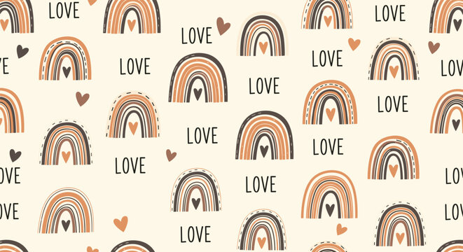 Warm-toned seamless pattern displays boho style rainbows with hearts and the word love repeated on a cream background.