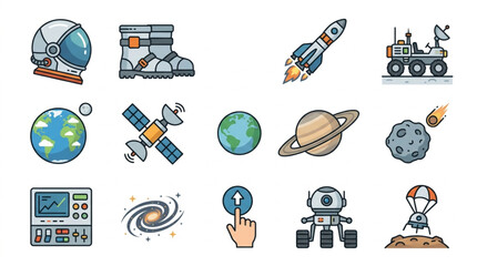 Collection of space exploration and science icons. © Falik
