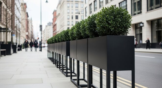 Sleek black powder coated steel planters holding lush green foliage line a city sidewalk with modern buildings in the background