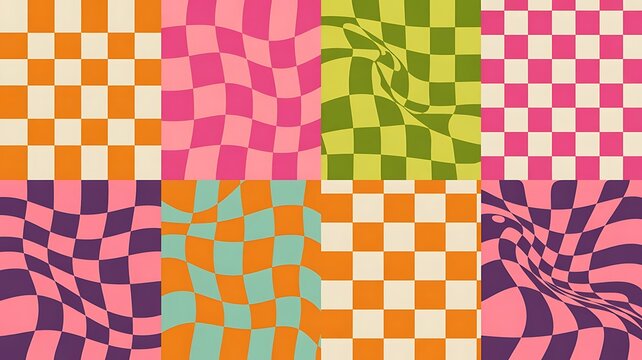 Abstract psychedelic checkerboard patterns with distorted squares, op art