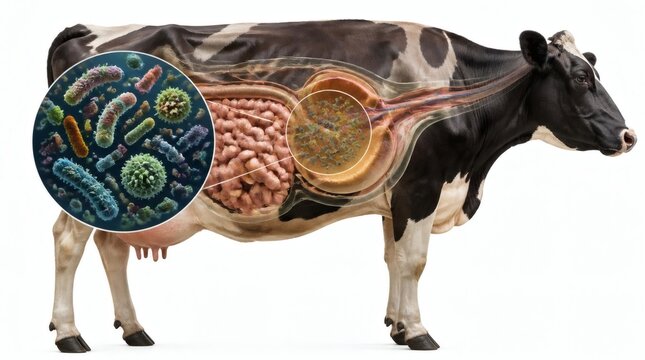 Cow gut health, microbiome and bacteria with anatomy of digestive system for livestock nutrition, veterinary science and agriculture. Rumen, intestine and biology for dairy farming and cattle