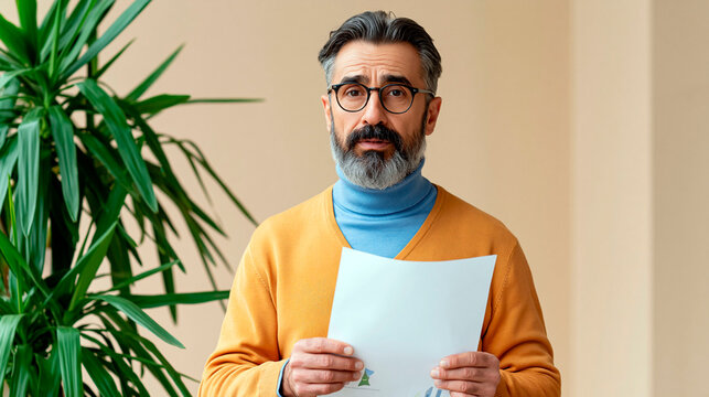 Serious caucasian mature man with gray beard holding document indoors and looking concerned