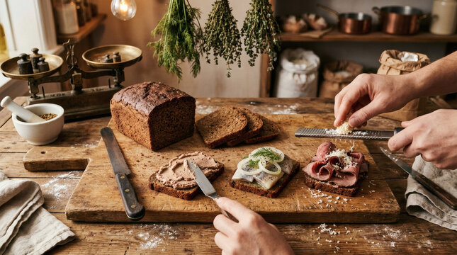 Rugbrod Rye Bread and Smorrebr&oslash;d Preparation in Rustic Danish Bakery