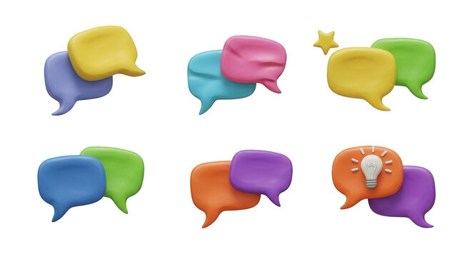 colorful clay speech bubbles interacting floating on white communication ideas and sharing concepts