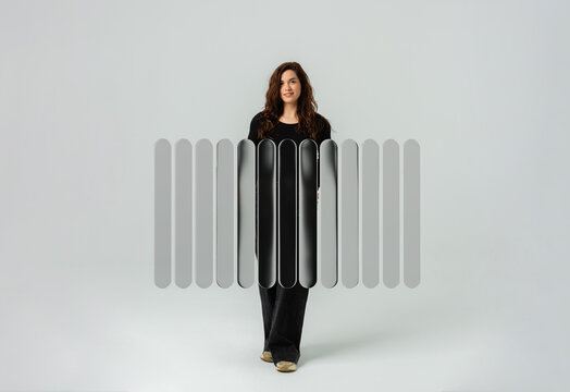 3D vertical glass capsule screen with centered woman portrait