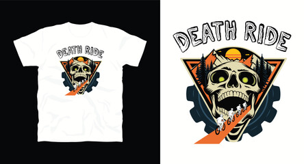 Fototapeta premium Death ride mountain bike illustration with skull mouth tunnel and group of cyclists in nature setting.