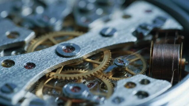 Macro view of mechanical watch movement with spinning brass gears and metallic bridge showing precision engineering and rhythmic motion of timepiece components.